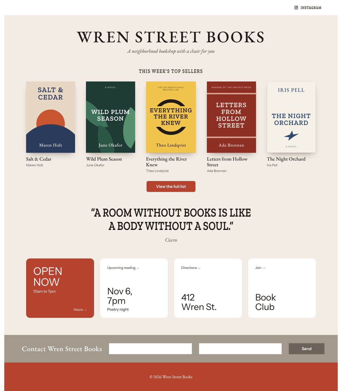 Homepage design for Wren Street Books, an independent bookshop, showing this week’s top sellers