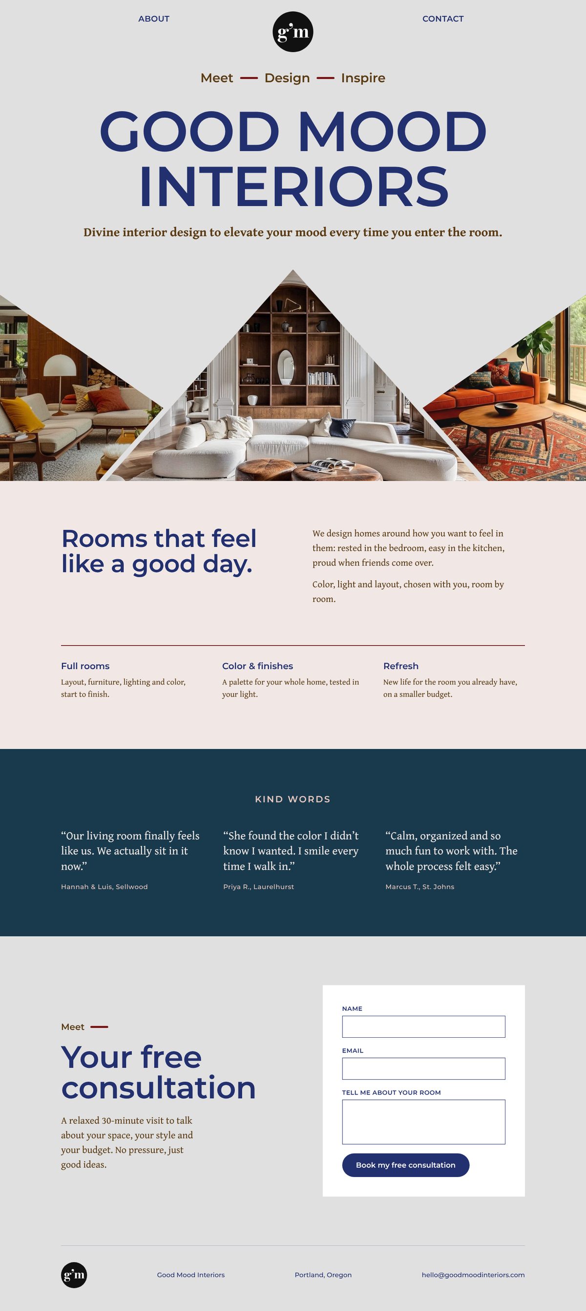 Homepage design for Good Mood Interiors, an interior design studio
